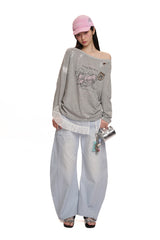 Vintage Hand-Painted Bow Graphic Distressed Off-Shoulder Long-Sleeve Tee
