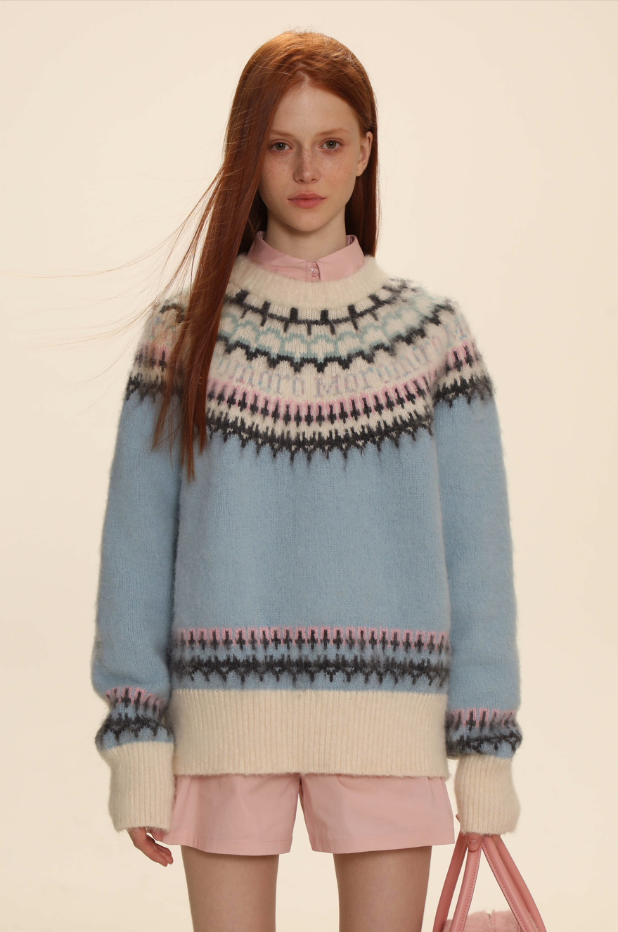 Vintage Nordic Teal Cream fashion Knit Wool Heavy Fair Isle Crewneck Sweater Mens Small