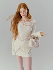 Asymmetric Lace Patchwork Sheer Knit Top - COPPING THREADS - SALTHE