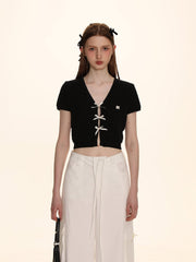 Bow Ribbon Knitted Short Sleeve Cardigan - COPPING THREADS - MOROMORO
