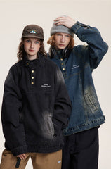 CATTEE Distressed Stand Collar Denim Jacket - COPPING THREADS - CATTEE