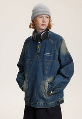 CATTEE Distressed Stand Collar Denim Jacket - COPPING THREADS - CATTEE