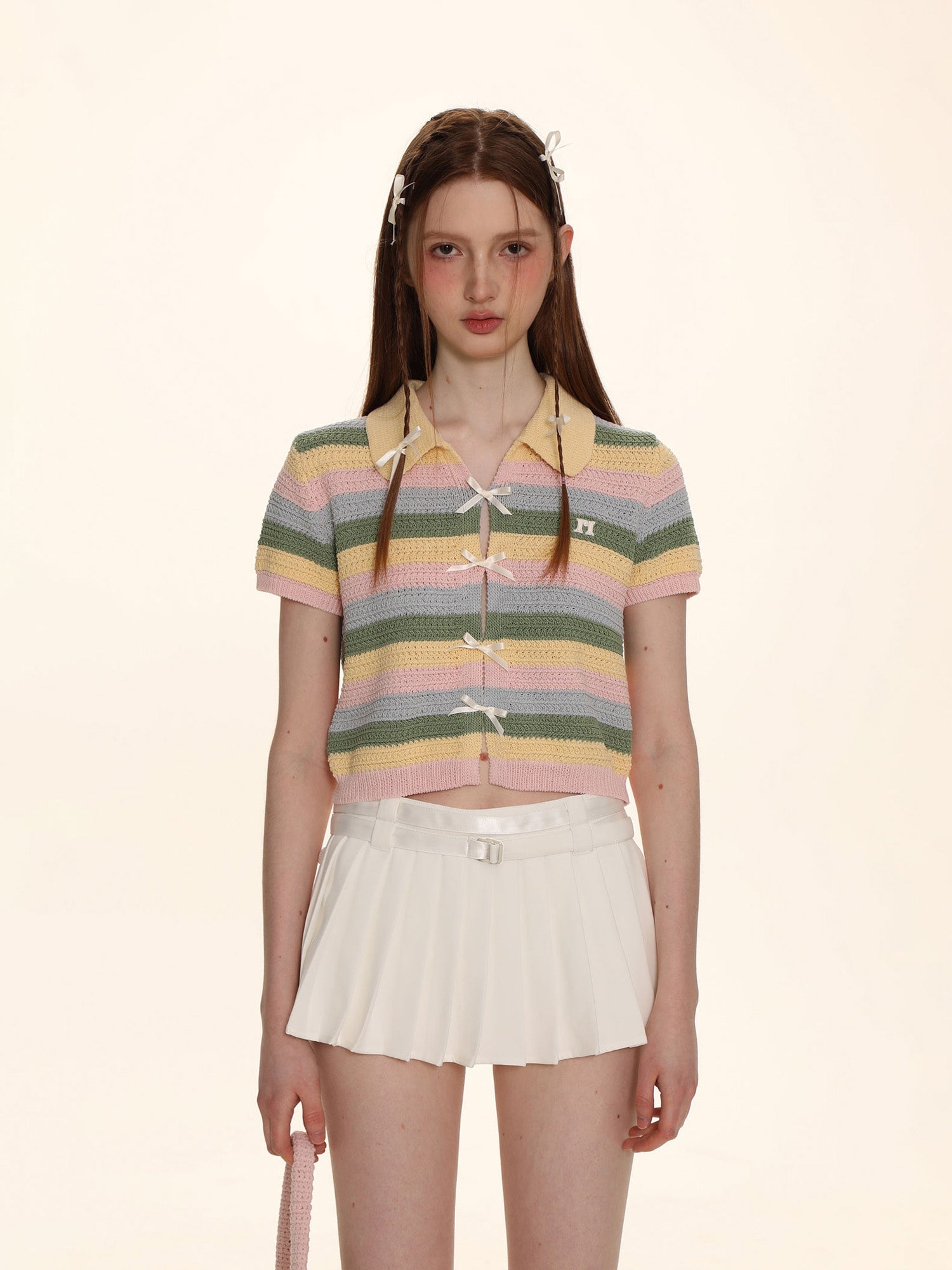 【Clearance Sale】Striped Color Block Ribbon Bow Knit Polo Shirt - COPPING THREADS - MOROMORO
