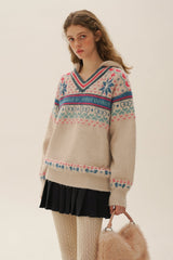Colorful Fair Isle Heart Striped V - Neck Layered Hoodie Sweater - COPPING THREADS - MOROMORO