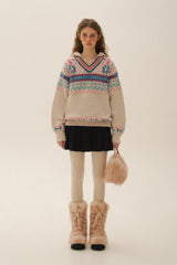 Colorful Fair Isle Heart Striped V - Neck Layered Hoodie Sweater - COPPING THREADS - MOROMORO