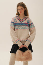 Colorful Fair Isle Heart Striped V - Neck Layered Hoodie Sweater - COPPING THREADS - MOROMORO