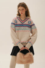 Colorful Fair Isle Heart Striped V - Neck Layered Hoodie Sweater - COPPING THREADS - MOROMORO