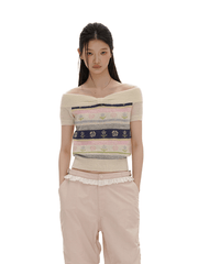 Colorful Striped Floral Pattern Off - Shoulder Knit Top - COPPING THREADS - MOROMORO