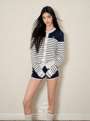 Contrast Trim Striped Knit Cardigan & Shorts Set - COPPING THREADS - AGAM