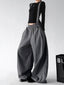 Gray strap detail wide leg pants, strap styling front view