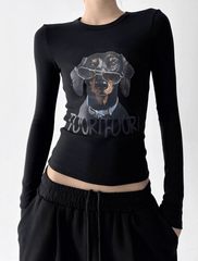 Dachshund Graphic Long - Sleeve Crop Tee - COPPING THREADS - CT Select
