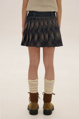 Denim Belted Plaid Pleated Skirt - COPPING THREADS - MOROMORO