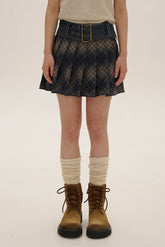 Denim Belted Plaid Pleated Skirt - COPPING THREADS - MOROMORO