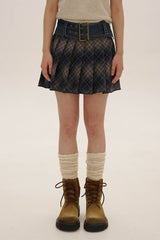 Denim Belted Plaid Pleated Skirt - COPPING THREADS - MOROMORO