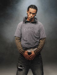 Distressed Striped Patchwork Long Sleeve Faux Two - Piece Graphic Tee - COPPING THREADS - TRECLUB