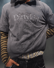 Distressed Striped Patchwork Long Sleeve Faux Two - Piece Graphic Tee - COPPING THREADS - TRECLUB