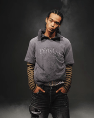 Distressed Striped Patchwork Long Sleeve Faux Two - Piece Graphic Tee - COPPING THREADS - TRECLUB