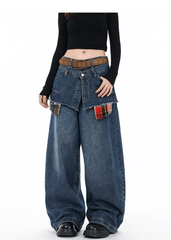 Double Waist Plaid Patchwork Wide - Leg Jeans - COPPING THREADS - CT Select