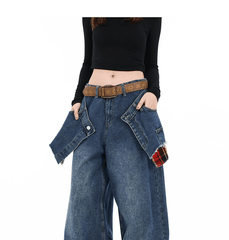 Double Waist Plaid Patchwork Wide - Leg Jeans - COPPING THREADS - CT Select