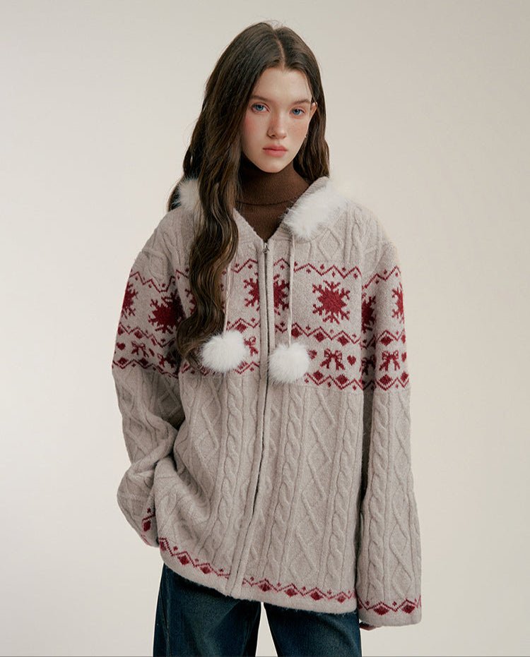Fair Isle Bow - Print Knit Hoodie Cardigan - COPPING THREADS - CHICISLAND