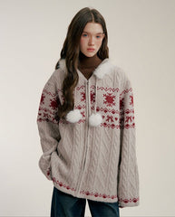 Fair Isle Bow - Print Knit Hoodie Cardigan - COPPING THREADS - CHICISLAND