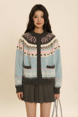 Fair Isle Round Neck Knit Cardigan Sweater - COPPING THREADS - MOROMORO