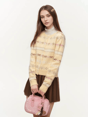 Fair Isle Striped Bowknot Pattern Jacquard Knit Cardigan - COPPING THREADS - CHICISLAND