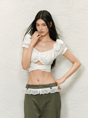 Floral Puff Sleeve Eyelet Crop Top - COPPING THREADS - AGAM