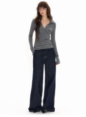 Gray - Black Striped Knit Polo Long Sleeve Shirt - COPPING THREADS - CHICISLAND