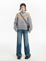Gray Fair Isle Zip - Up Knit Sweater - COPPING THREADS - MOROMORO