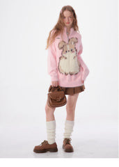 Half - Zip Plush Bunny Pattern Round Neck Knit Sweater - COPPING THREADS - 11SH