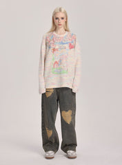 Hand - Drawn Dragon Print Rainbow Crewneck Pullover - COPPING THREADS - ARTMONSTER