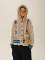 Hand - Embroidered Dotted Plaid Detachable Faux Fur Collar Cardigan Sweater - COPPING THREADS - MOROMORO