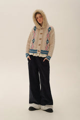 Hand - Embroidered Dotted Plaid Detachable Faux Fur Collar Cardigan Sweater - COPPING THREADS - MOROMORO