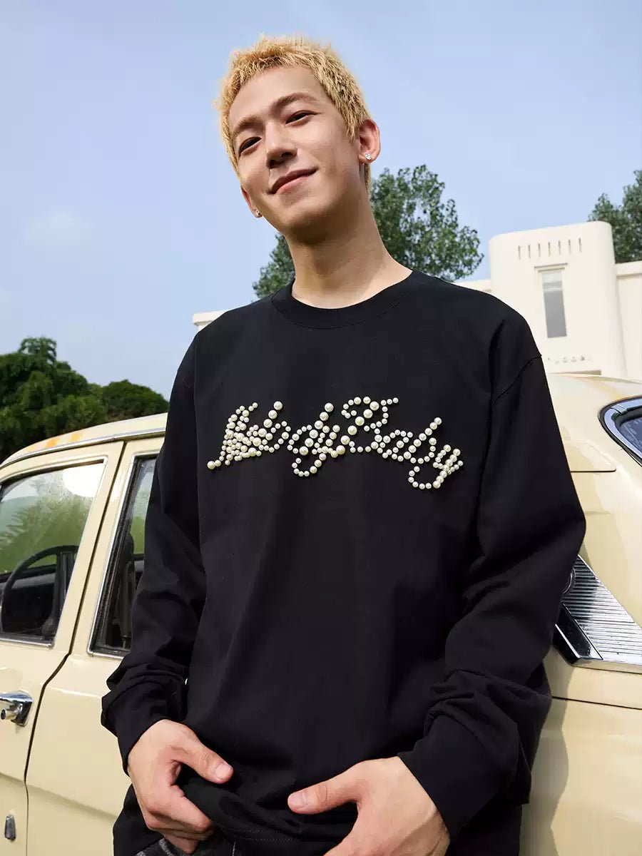 Handwritten Pearl Embroidery Crewneck Long Sleeve Tee - COPPING THREADS - Harsh and Cruel