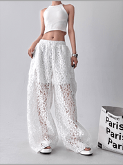 High Waist Lace Floral Hollow Out Wide - Leg Pants - COPPING THREADS - CT Select