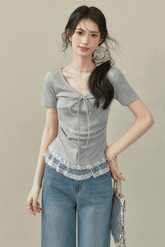 Lace Trim Ruched V - Neck Fitted Tee - COPPING THREADS - CT Select