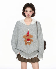 Layered - Look Lace Hoodie Pullover Knit Sweater - COPPING THREADS - CT Select