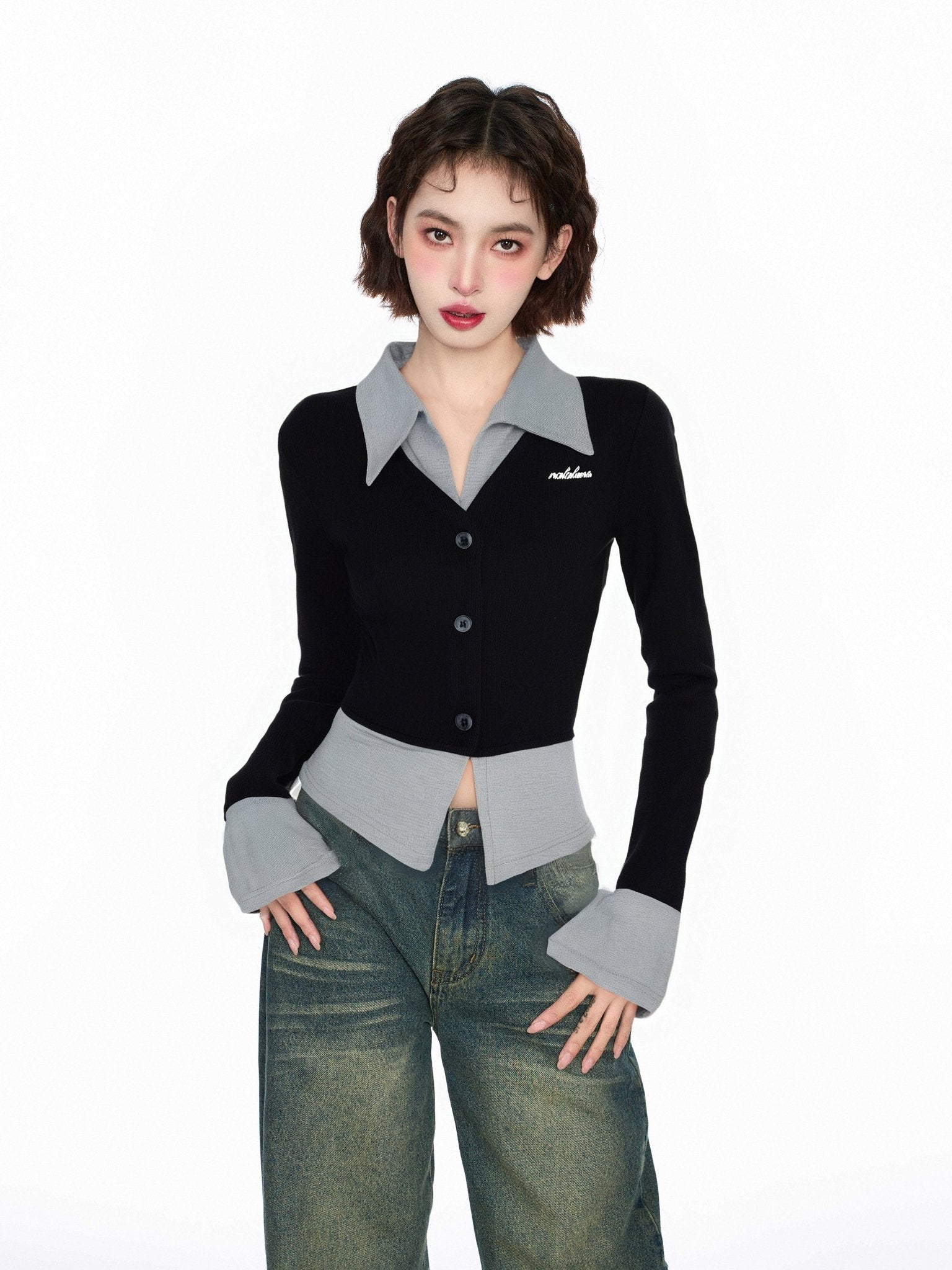 Layered Look Polo Collar Knit Cardigan - COPPING THREADS - CT Select