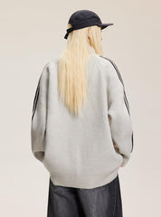 Letter Print Striped Sleeve Cardigan Sweater - COPPING THREADS - CATTEE