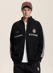 Letter Print Striped Sleeve Cardigan Sweater - COPPING THREADS - CATTEE