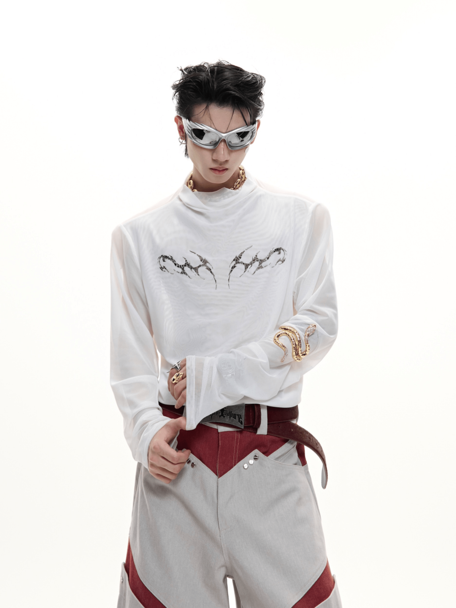 Metallic Flame Graphic Sheer Mesh Long Sleeve Tee - COPPING THREADS - ArguE CulturE