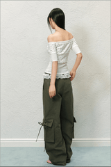 Off - Shoulder Contrast Stitch Fitted Knit Tee - COPPING THREADS - AGAM