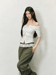 Off - Shoulder Contrast Stitch Fitted Knit Tee - COPPING THREADS - AGAM