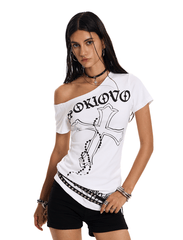 Off - Shoulder Cross Graphic Tee - COPPING THREADS - 0123Start