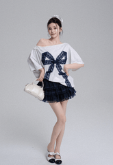 Off - Shoulder Lace Bow Tee & Tiered Ruffle Mini Skirt Set - COPPING THREADS - LulusMiracle