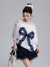 Off - Shoulder Lace Bow Tee & Tiered Ruffle Mini Skirt Set - COPPING THREADS - LulusMiracle