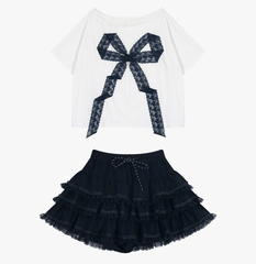 Off - Shoulder Lace Bow Tee & Tiered Ruffle Mini Skirt Set - COPPING THREADS - LulusMiracle