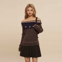 One - Shoulder Ruffle Exposed Shoulder Bow Sweater - COPPING THREADS - MOROMORO
