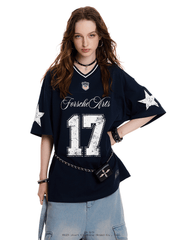 Oversized “17” print Jersey V - Neck Tee - COPPING THREADS - 0123Start